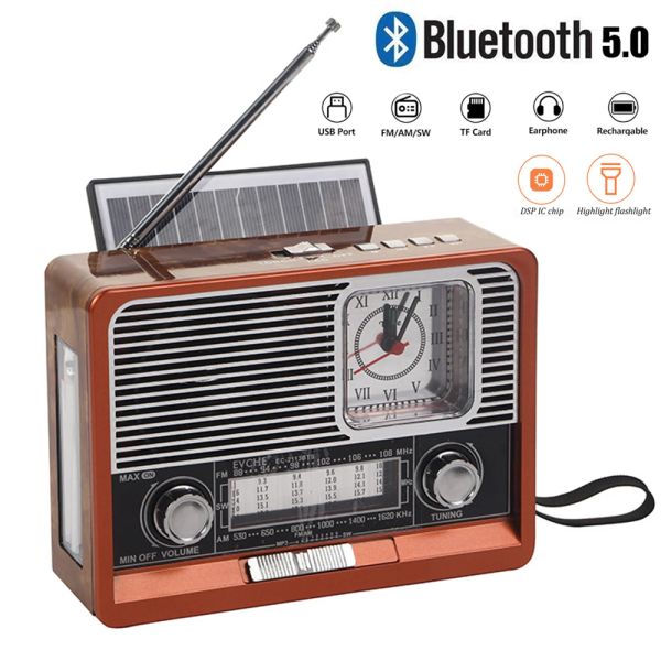 Radio Solar Retro Radio FM AM SW Ricevitore portatile Speaker Bluetooth Music Player con supporto LED Light Support USB TF Card Aux