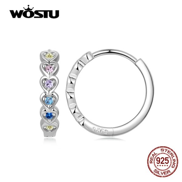 Brincos wostu 100% real 925 prata esterlina simples arco-íris coração brincos coloridos zircão hoop brincos para mulheres jóias finas de casamento