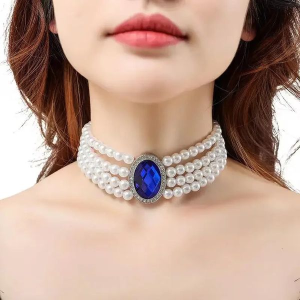 Luxuriöse mehrschichtige Imitationsperlen-Choker-Halsketten für Frauen, blaue ovale Strass-Halsketten, weibliche Hochzeit, Schmuck 240222