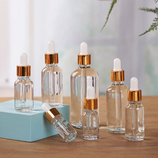 5ml 10ml 15ml 20ml 30ml 50ml 100ml Frascos conta-gotas de vidro Limpar frasco de óleo essencial vazio dispensador de perfume 240226