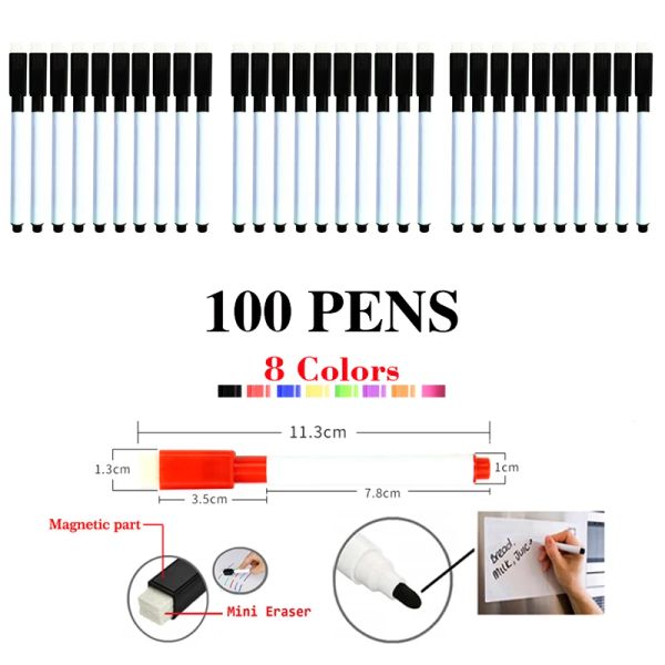 Marcadores 100 canetas marcador de quadro branco seco caneta 8 cores aquarela White Board Pen escrita Magnetic Supplies por atacado