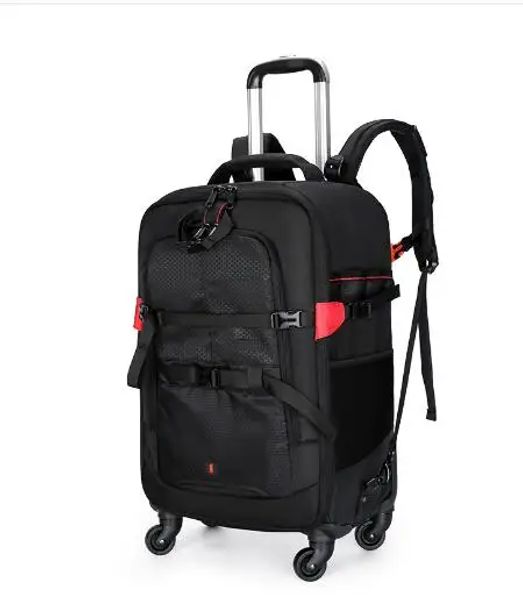 Mochila de viagem com carrinho, bolsa para câmera de vídeo, mochila com roda, bolsa de lente de armazenamento para laptop de 15.6 