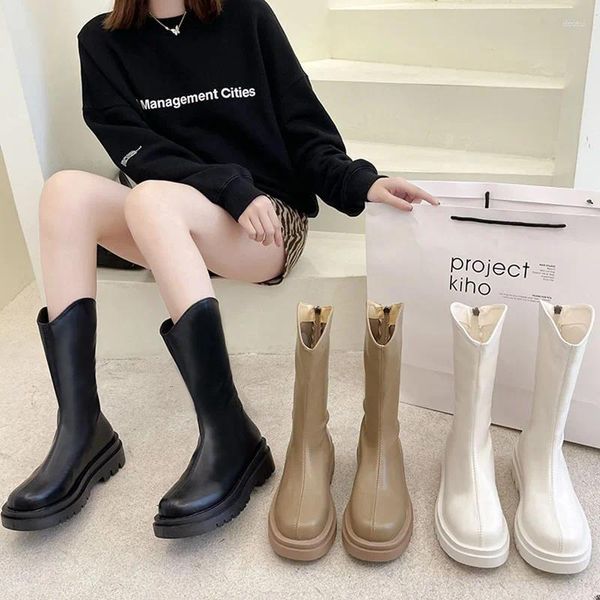 Botas Marca Mulheres Sapatos De Borracha Dedo Do Pé Redondo Zipper Moda Chuva Baixa Mid-Bezerro Senhoras Lolita Mid Bezerro Tecido Flock Microfibra Sewi