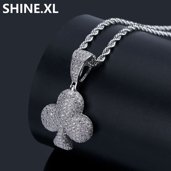 Collana con ciondolo poker in argento dorato Picche quadrati Fiori di pesco Fiori di pruno Ghiacciati Gioielli con zirconi per regalo di compleanno2467