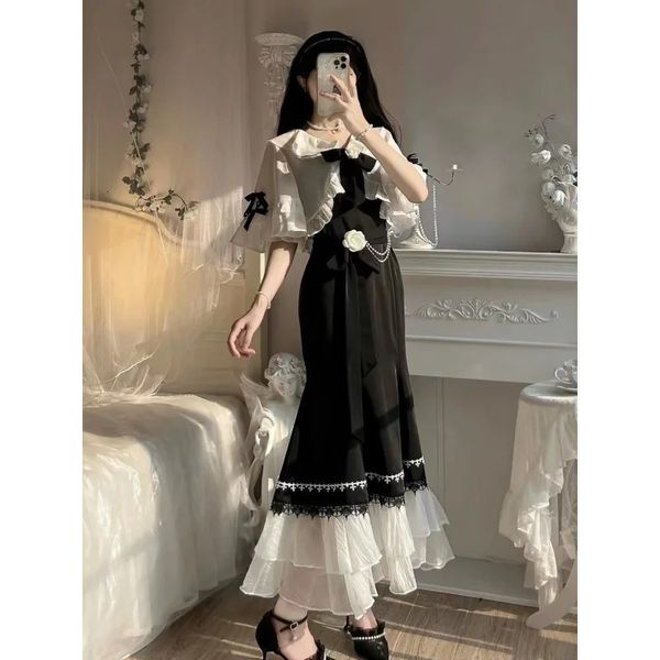 Prom lolita vestido cocktail renda natal mulher cheongsam vintage fada sereia preto doce twopiece festa topo 240220