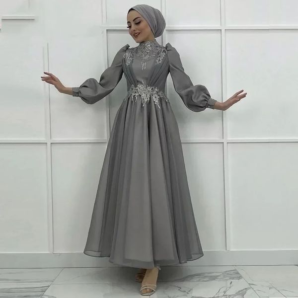 Abiti da sera grigi musulmani Una linea collo alto maniche lunghe gonfie lunghezza alla caviglia in chiffon Applique Arabia Abiti da festa da notte formale da donna