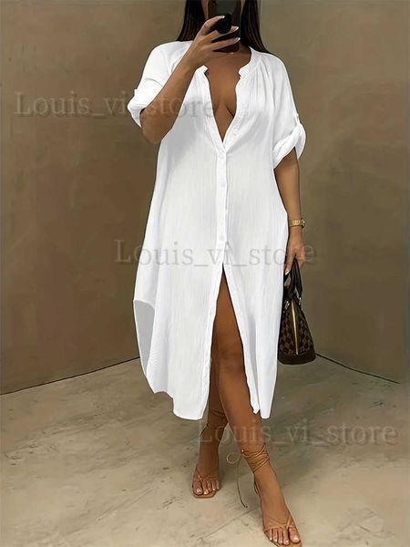 Vestidos casuais básicos plus size 2024 primavera e verão novas mulheres única linha botões vestido cor sólida casual solto vestido longo material de poliéster t240227