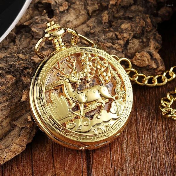 Orologi da tasca Orologio meccanico di lusso con motivo cervo Orologio vintage double side Steampunk Fob Orologio maschile Collana a catena Donna Uomo 2024