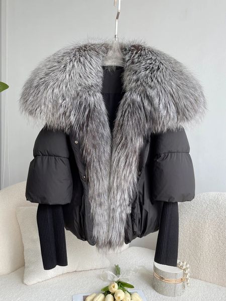 Mäntel Janveny Große Echte Silber Fuchs Pelz Kragen 2023 Weiße Ente Unten Jacke Frauen Winter Luxus Puffer Mantel Übergroßen Feder outwear