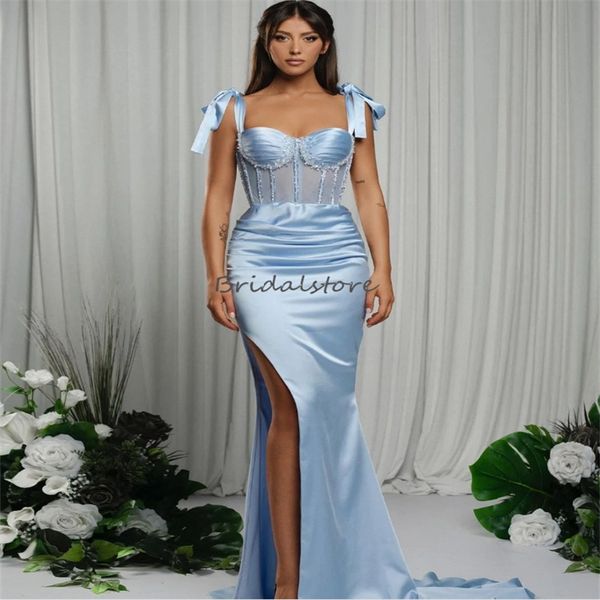 Elegante alta fenda azul vestidos de baile 2024 sexy cintas de espaguete sereia plus size vestido de noite frisado ver através formal festa robes de soiree vestidos de gala 2024