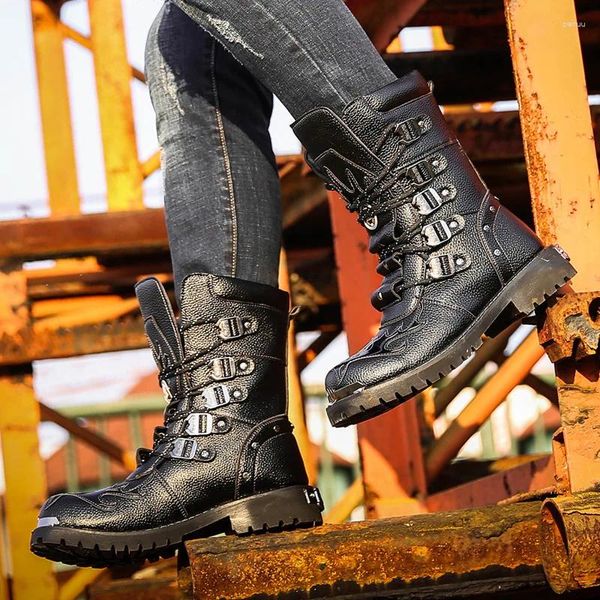 Botas masculinas de couro motocicleta bota militar gótico cinto punk sapatos ao ar livre tático