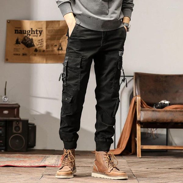 Calças masculinas algodão solto esportes casual moda multi-bolso simples pés de ligação zíper hip pop streetwear carga jogger homens