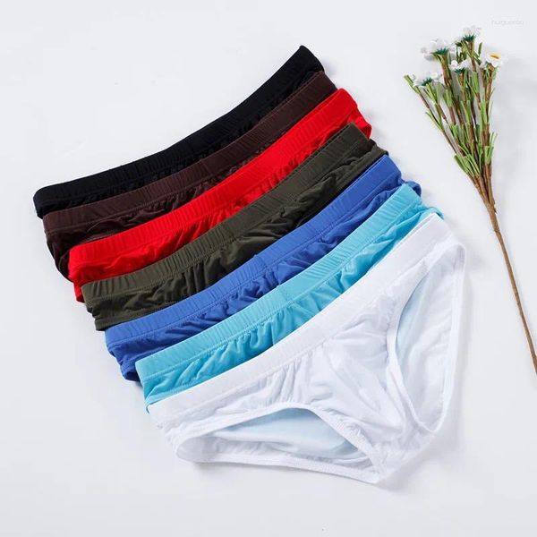 Cuecas de seda gelo homens sexy roupa interior verão transparente masculino casual briefs plus size shorts gay homem calças homens