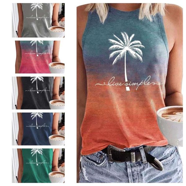 Designer-Großhandel für Damen, Urlaub, Kokosnussbaum, Briefdruck, lässig, locker, Rundhals-Tanktop für Damen, kurzärmelig, modische Kleidung, Farbe