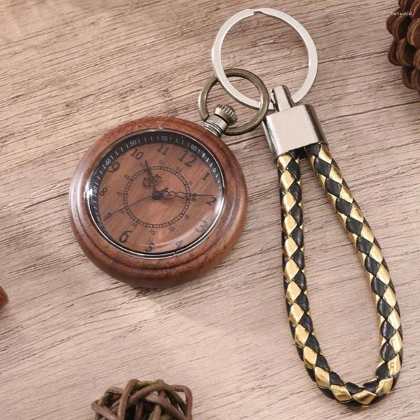 Orologi da tasca Orologio antico con ciondolo in legno con catene in corda di pelle Quarzo Steampunk Reloj Hombre De Bolsillo
