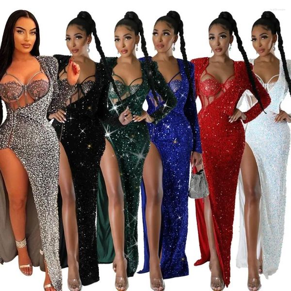 Arbeitskleider Zweiteilige Sets Body Sexy Frauen Paillettenkleid Strampler Solide Slim Fit Mantel Volle Hülse Hüfte Wrap Set Partykleid