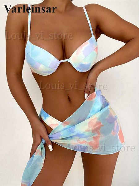 Sarong bikini ile kadın mayo kravat boyası push up mayo kadın mayo kadınlar üç parçalı bikini sutu kupası brather mayo v2915 t240227