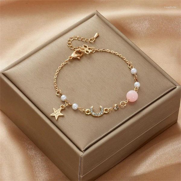 Charme pulseiras estrela lua pulseira para mulheres meninas moda rosa cristal pérola corrente designer jóias presente de festa