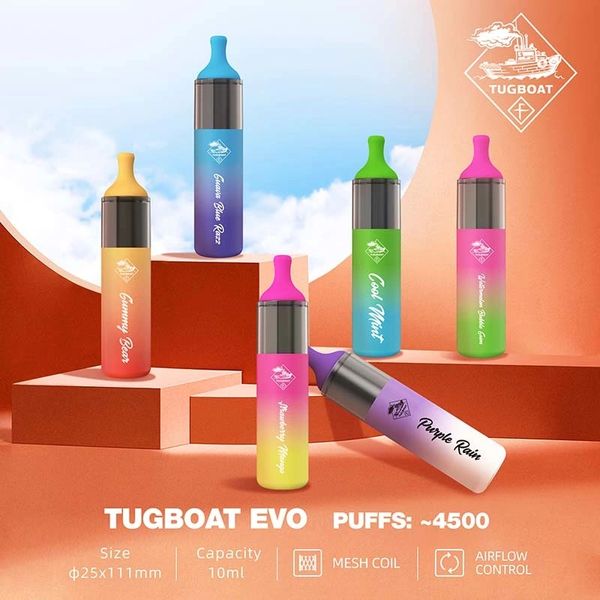 Original Einweg-Vape-Stift E-Zigarette Tugboat Evo 4500 Puffs mit 850-mAh-Batterie-Mesh-Spule 10 ml vorgefüllter Pod Airflow Control Big Vapor