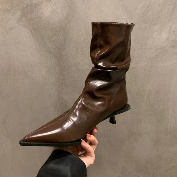 Botas de salto alto tornozelo mulheres outono inverno apontou marrom zip couro modas sexy designer plissado