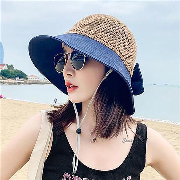 Cappelli a tesa larga Protezione UV per esterni Cappello da sole Estate Secchiello da donna Pieghevole Protezione solare Berretto con fiocco Cucitura vuota Panama Pescatore