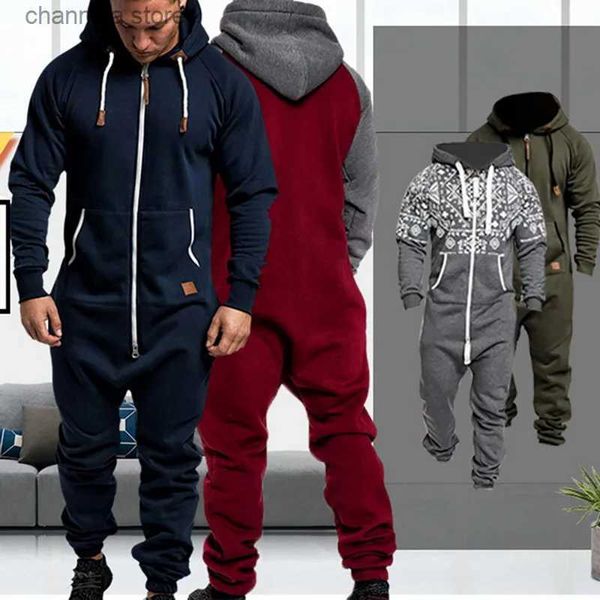 Fatos masculinos Mens Macacão One Piece Define Outono Inverno Novo Mens Com Capuz Macacão Homens Cor Sólida Casual Terno Homewear Homens Romper T240227