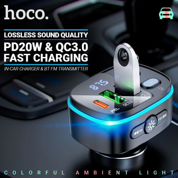 Радио Hoco Car Charger Беспроводное FM -передатчик USB QC 18W Typec PD 20W USBC Handsfree Radio Audio Music Adapter получатель светодиод