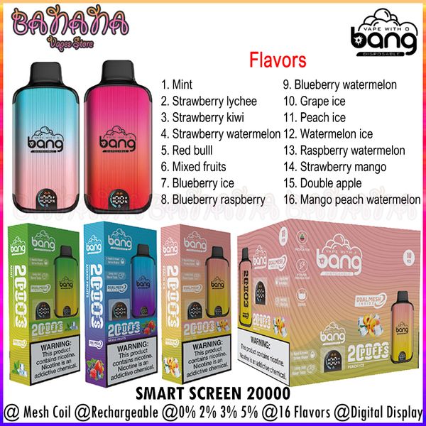 Autentico Bang Smart Screen 20000 Puffs Dual Mesh Coil Kit monouso per vaporizzatori Puff 20K Sigarette elettroniche Ricaricabile 650mAh Batteria 0% 2% 3% 5% 16 gusti Vaper