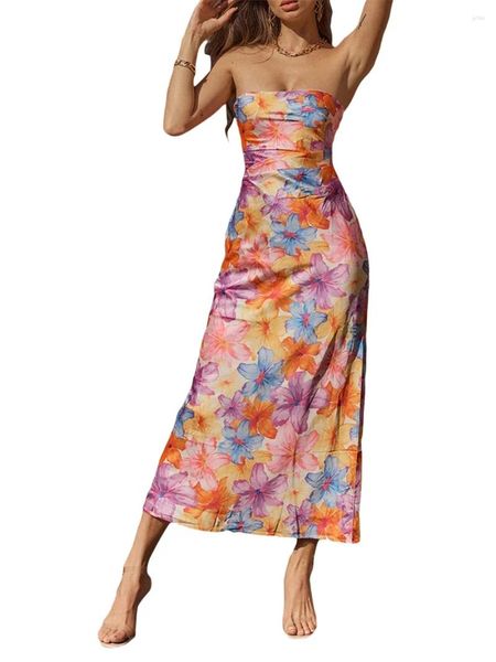 Повседневные платья, женское длинное облегающее платье с цветочным принтом и вырезом «лодочка», без бретелек, летняя уличная одежда с открытой спиной