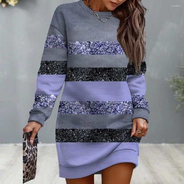 Vestidos casuais mulheres outono inverno vestido listrado cor bloco brilhante lantejoulas soltas em torno do pescoço manga longa acima do joelho comprimento retalhos mini