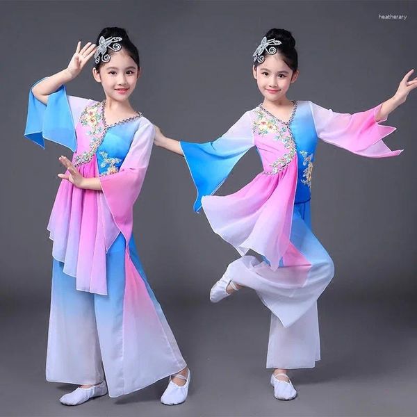 Abbigliamento da palcoscenico per ragazze, costumi di danza nazionale Hanfu in stile cinese, maniche classiche per bambini, abbigliamento Yangko moderno