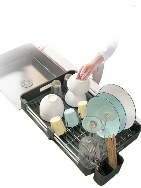 Escorredor de pratos de armazenamento de cozinha, prateleira de aço inoxidável, placas ajustáveis, organizador, pia, bancada, talheres, tigela, suporte