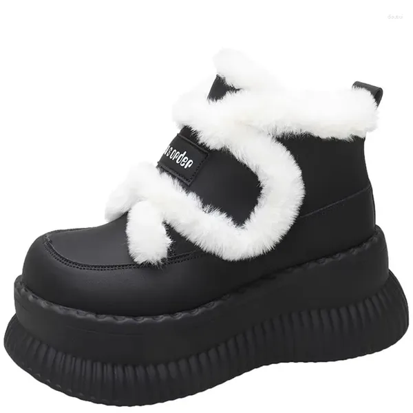 Botas femininas inverno quente pelúcia neve 2024 pele grossa alta plataforma tornozelo antiderrapante 8cm cunha saltos de couro chunky tênis