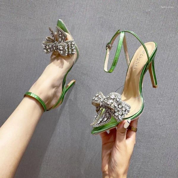 Sapatos de vestido festa de verão casamento stripper salto alto sexy cristal bowknot apontou toe mulheres bombas pvc sandálias transparentes verde