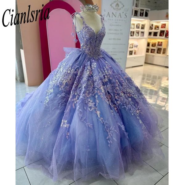 Luxo lilás quinceanera vestido 2024 3d floral flores princesa vestido de baile doce 15 vestidos de xv anos vestido de festa grande arco