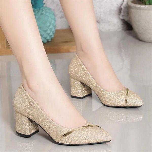 Sapatos de vestido bombas femininas primavera outono salto grosso trabalho selvagem boca rasa apontada lantejoulas prata banquete salto alto