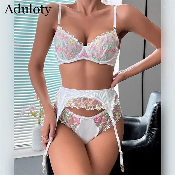 BRAS SETS ZAYROTYA KADIN SEKSİ iç çamaşırı enfes Çiçek Dantel İşlemeli Sutyen Jartiyer Teşhal Teşhal İnce Mesh Perspektif Lingerie Üç Parçalı Set