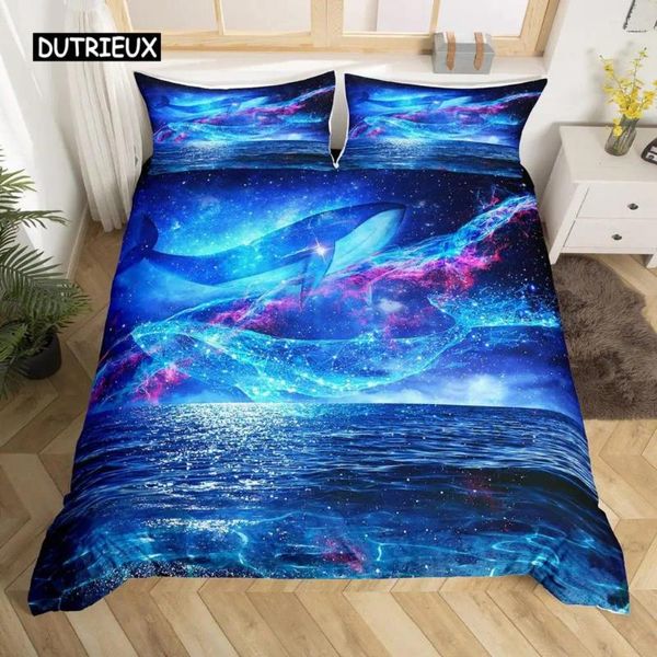 Conjuntos de cama Baleia Duveta Capa Set Queen Size Estrelas Estreladas Universo Nebulosa Consolador Azul Galáxia Oceano Tema Criaturas Marítimas