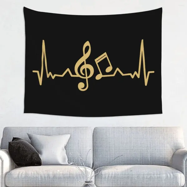 Tapeçarias Heartbeat Linha Música Ouro para Quarto Dormitório Nota Musical Hippie Tapeçaria Tapeçaria Decoração de Casa