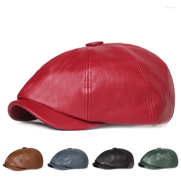 Berets Herren Britische Retro Leder Flache Achteckige Hut Frühling Herbst Outdoor Freizeit Baskenmütze Kappen PU Sboy Cap Maler Gorras