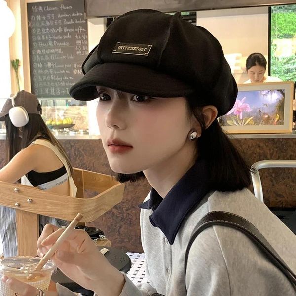 Berets moda metal etiqueta de lã preto bonés para mulheres primavera e outono japonês retro versátil mostrar rosto pequeno chapéus octogonais