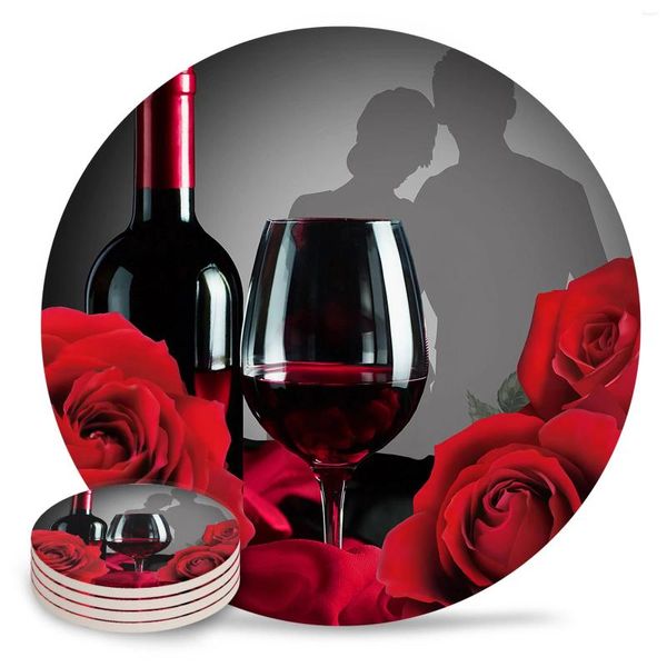 Masa Paspasları Sevgililer Günü Gül Çiçek Kırmızı Şarap Seramik Seti Mutfak Yuvarlak Placemat Lüks Dekor Kahve Çay Sup Coasters