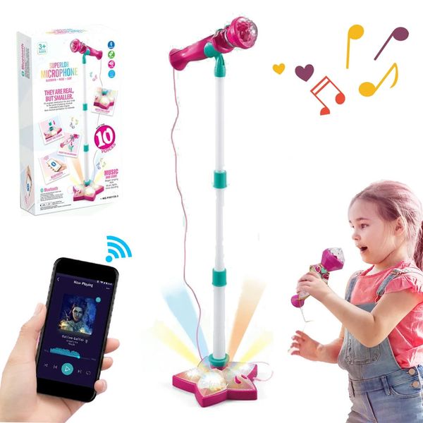 Microfone de karaokê bluetooth para crianças, microfone com suporte, instrumento musical, brinquedos educativos, presente de aniversário para menina e menino 240226