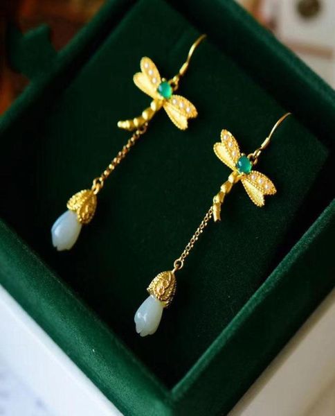 Dangle Chandelier Prata Incrustada Natural Um Jade Branco Orquídea Libélula Orelhas Longas Estilo Chinês Antigo Artesanato De Ouro Charme Women35164200
