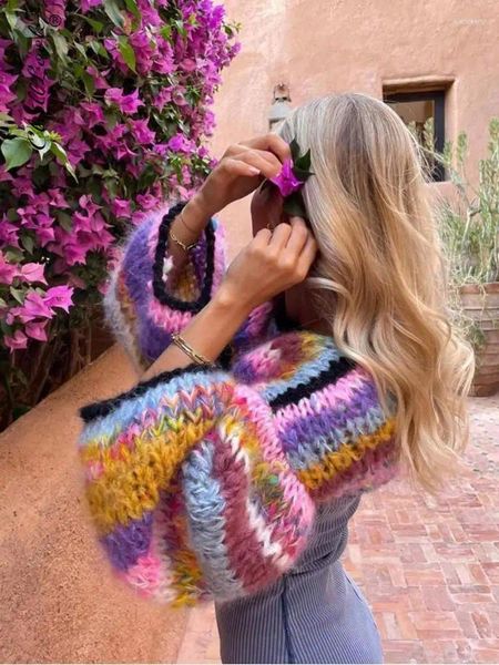 Женские свитера, вязаный укороченный свитер в красочную полоску, женский осень 2024, повседневный пуловер с круглым вырезом и длинными рукавами-фонариками, женский свободный вязаный крючком