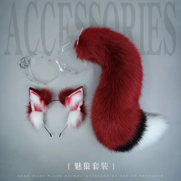 Trajes branco/vermelho lobo raposa headwear peludo jackal orelha jackal cauda adereços orelha de gato bandana artesanal anime cosplay lolita kc lol raposa traje