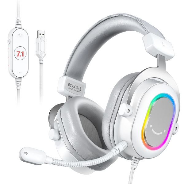 Kopfhörer FIFINE RGB-Gaming-Headset mit 7.1 Surround Sound/3EQ/MIC, Overear-Kopfhörer mit Inline-Steuerung für PC PS4 PS5 AmpligameH6W