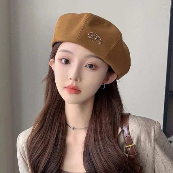 Berets Mode Metall Label Baskenmütze Kappen Für Frauen Sommer Und Herbst Koreanische Version Casual Show Gesicht Kleine Retro Achteckige Männer