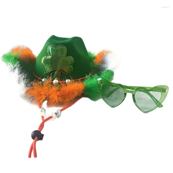 Berets 2 pçs/set Patricks Day Cowboy Chapéu com Coração Óculos de Sol Adulto Pogal Adereços Carnaval Ao Ar Livre Mulher Menina