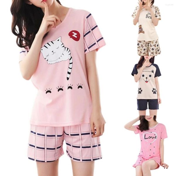 Conjunto de pijama de desenho animado de verão feminino – Shorts femininos pijamas terno para roupa de dormir confortável